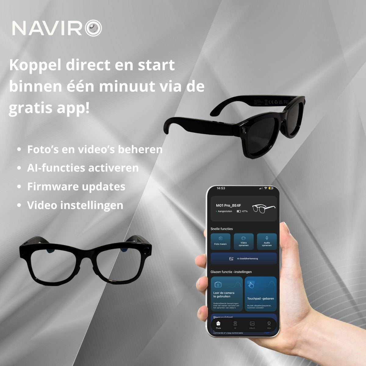 Naviro ONE – Camera Bril met 8MP Camera, AI, Bluetooth Audio